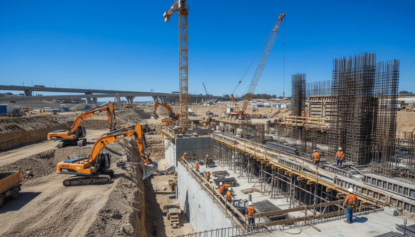 Large-scale heavy civil construction project with excavation equipment and infrastructure